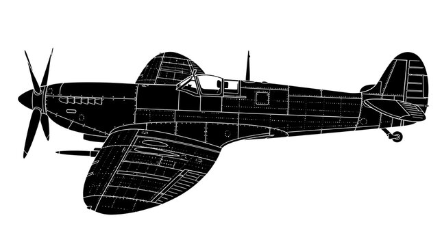 Aviation Military Supermarine Spitfire Fighter Plane Black  White Line Art Silhouette Vector