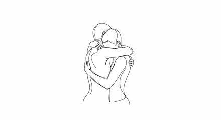 Obraz premium Embrace hug illustration, two people close, line art, love, connection, comfort