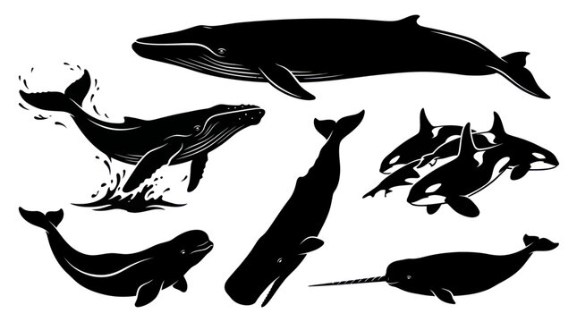 Ocean Wildlife Whales, Orcas  Narwhal Black Silhouette Vector Illustration Set