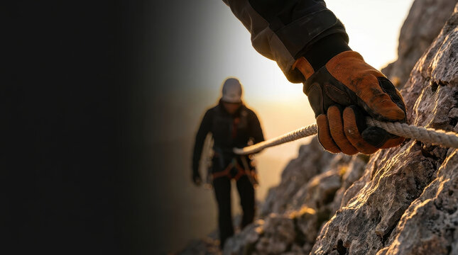Climber rope glove rock cliff safety harness belay outdoor climbers gripping rope rock cliff sunset using safety harness and belay technique during outdoor adventure teamwork training with rugged