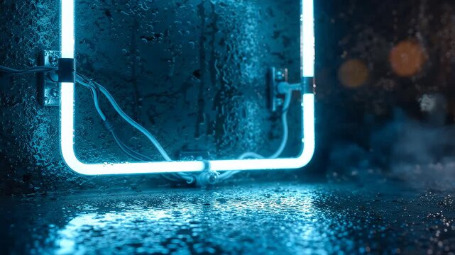 Neon light frame on wet surface slow-motion b-roll with sparks