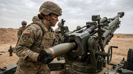 Fototapeta premium Soldier Loading Artillery Shell in Military Operation Environment