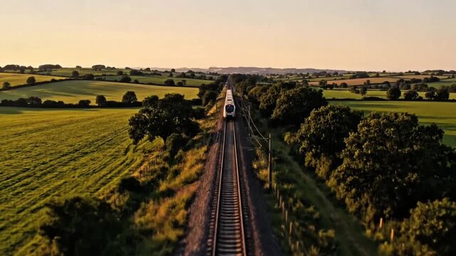 A long train travels on a straight railway track through lush green fields and trees under a warm sky.