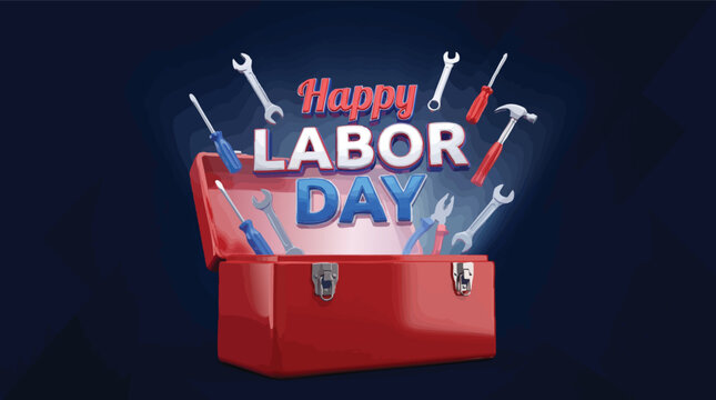 3D illustration of an open red toolbox with floating wrenches and hammers celebrating Labor Day against a dark blue geometric background.