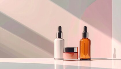 Naklejka premium Minimalist Skincare Bottles and Jar on a Pastel Background with Light Shadows.