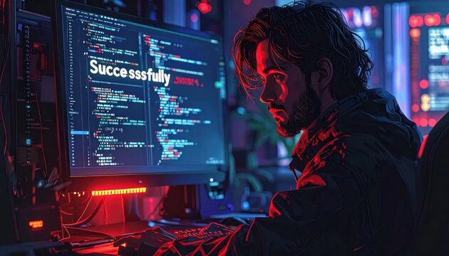 Programmer working late at night on a complex coding project.