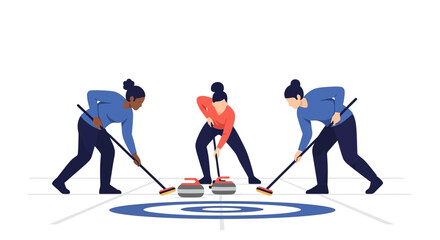 Fototapeta premium Three diverse women playing curling sport on ice rink. EPS Editable. Vector Illustrations.