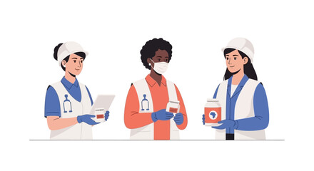 Fototapeta premium Three diverse healthcare workers in protective uniforms handling medical supplies. EPS Editable. Vector Illustrations.