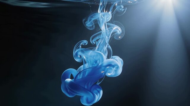 Blue smoke rising up in water with sunbeam shining through dark background