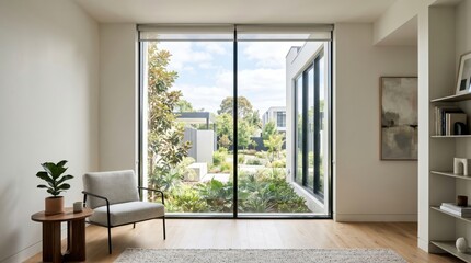 Fototapeta premium Minimal living room facing courtyard garden through glass doors