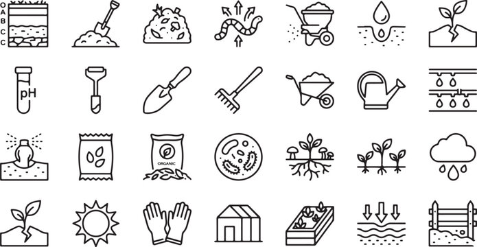 Organic gardening and soil health line icon set featuring composting worms plant growth ph testing tools and irrigation