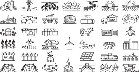 Scenic rural landscape and agricultural farm life line icons featuring barn houses fields livestock windmills solar panels and traditional country living scenes, © EPS VECOR 