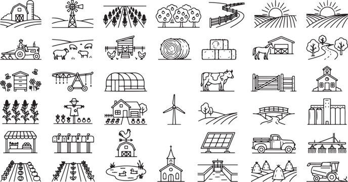 Scenic rural landscape and agricultural farm life line icons featuring barn houses fields livestock windmills solar panels and traditional country living scenes,