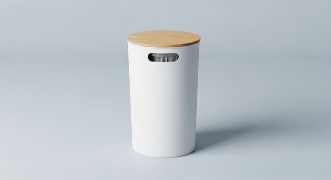 Minimalist White Cylindrical Laundry Hamper with Wooden Lid and Cutout Handles