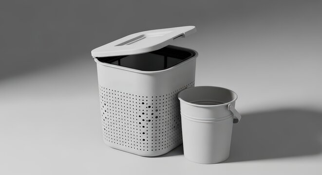 White Perforated Laundry Hamper with Open Lid and Small Bucket on Clean White Background