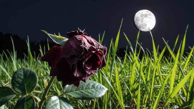 Timelapse Of Deep Red Rose Wilting In Grass Under Moonlit Night Sky