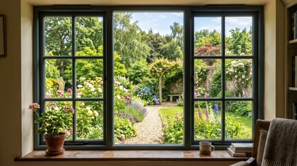 Fototapeta premium Cottage garden path visible through large window in sitting room