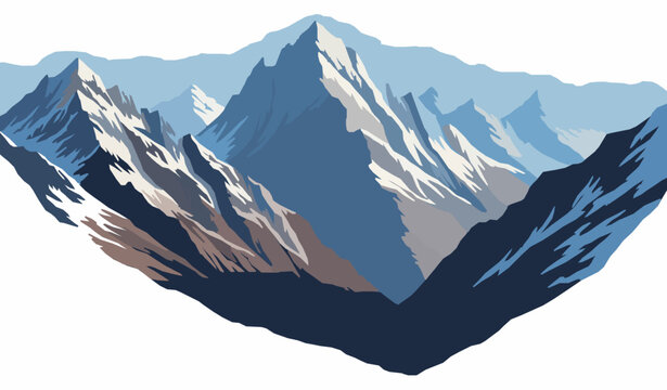 High altitude snowy mountain range with detailed peaks and valleys vector illustration isolated on white background