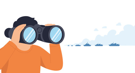 Obraz premium A man using binoculars to observe distant military tanks in a flat illustration style. EPS Editable. Vector Illustrations.
