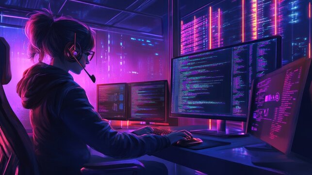Woman working on computer coding programming
