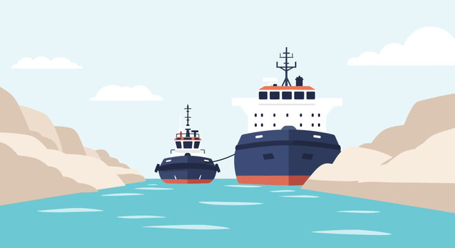 A tugboat guiding a large cargo ship through a narrow canal waterway. EPS Editable. Vector Illustrations.