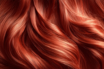 Naklejka premium Stunning copper red hair texture with wavy flow. Close-up of vibrant auburn hair strands with silky metallic shine and professional warm tones. AI-generated image.