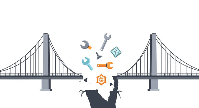 Broken bridge with construction tools floating in the middle. EPS Editable. Vector Illustrations.