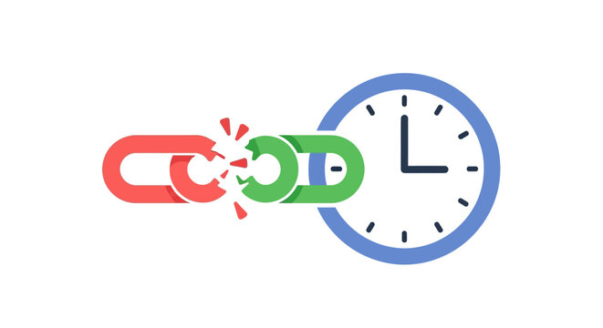 Broken chain link connected to a clock face symbolising time management failure. EPS Editable. Vector Illustrations.
