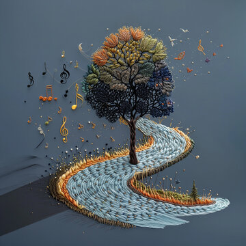 Musical Tree and River Embroidery Art