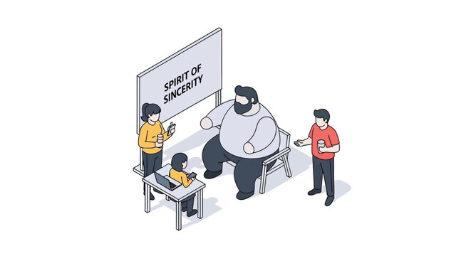 Isometric illustration of a group of people discussing sincerity concept.