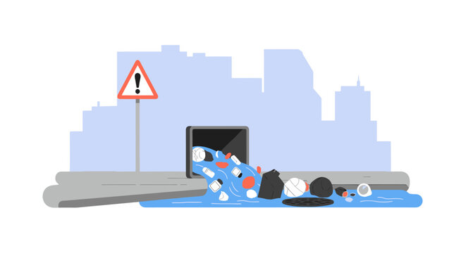 Clogged storm drain overflowing with plastic waste and garbage. EPS Editable. Vector Illustrations.