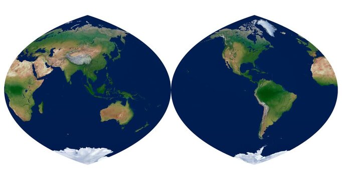 World Map. Quartic authalic projection interrupted into two hemispheres. High detail physical Earth map. Animated longitude rotation.