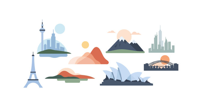 Collection of iconic world landmarks and travel destinations vector illustrations. EPS Editable. Vector Illustrations.