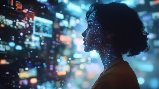 Woman profile with digital data overlay