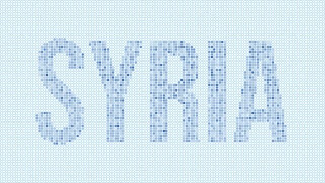 Syria dotted map animation. Digital style shape of the country. Syria shape and title dots appear with bulb flickering effect. Intro, outro, logo, title video.