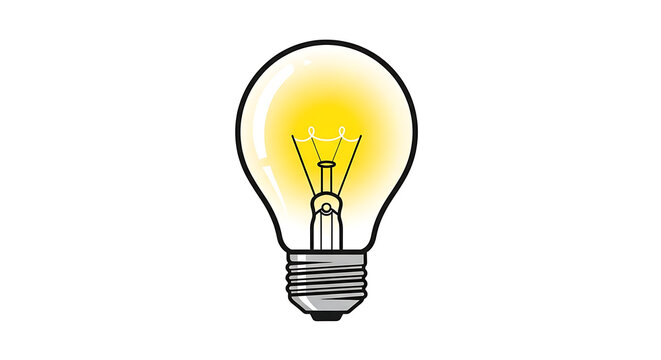 Glowing incandescent light bulb illuminated from within, a symbol of ideas and innovation, isolated on white background, bright yellow light emanating