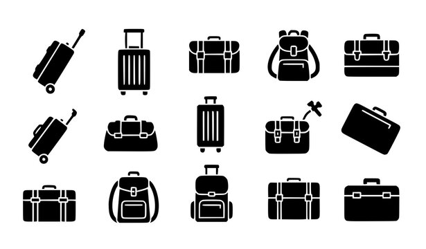 Silhouette suitcase icon set colorful travel luggage symbols with backpack and baggage collection