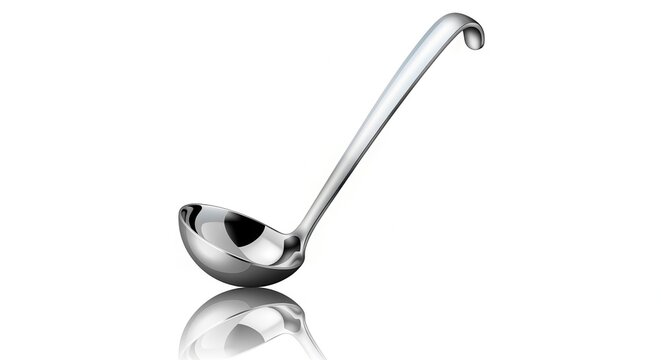 Gleaming metallic kitchen ladle for culinary serving on a pristine white background with reflection