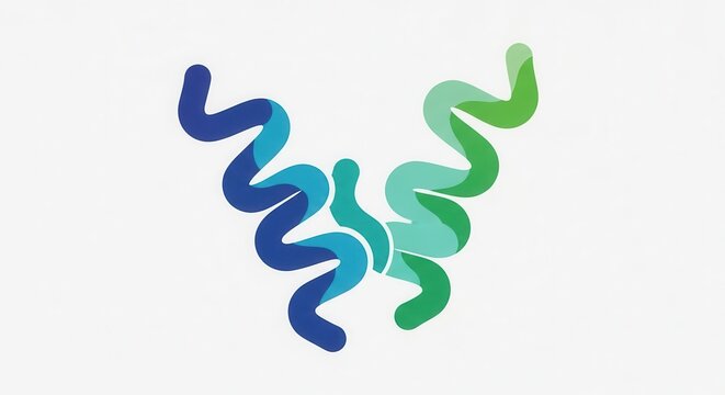 Dynamic abstract blue and green intertwined ribbons on a clean white background creating a fluid