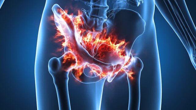 Professional visualization of pelvic bone inflammation and hip joint pain with realistic fire effect animation