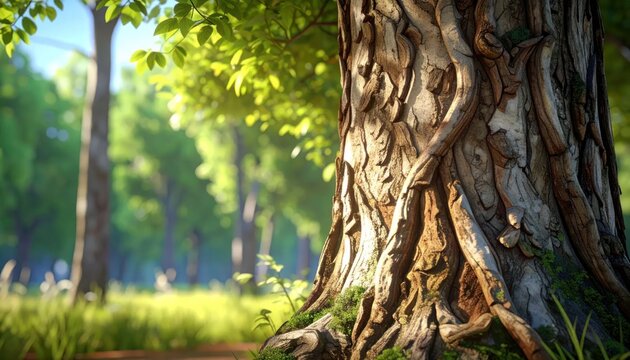 Majestic Ancient Tree Trunk in Lush Green Forest Sunlight.