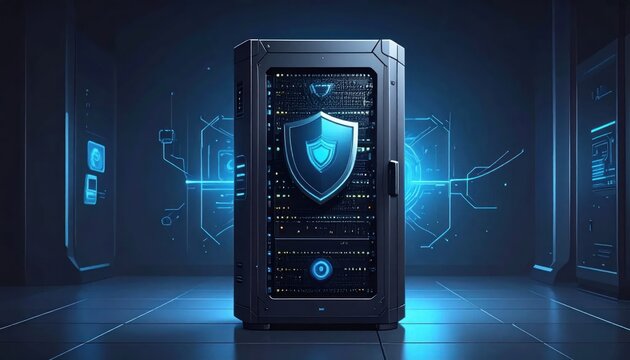 Secure Server Rack with Digital Shield and Network Connections.