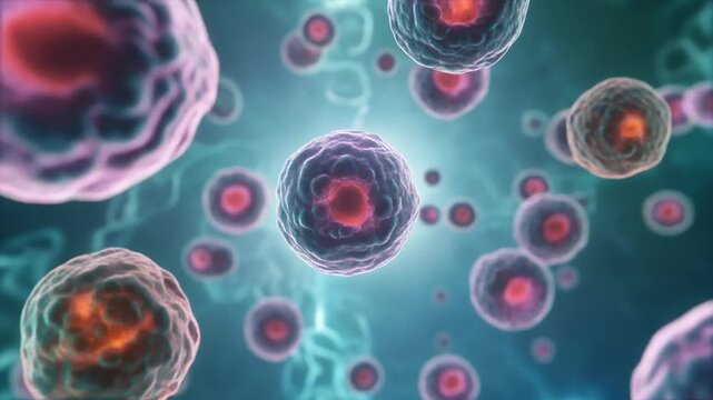 3D microscopic view of colorful biological cells, science, health, medical