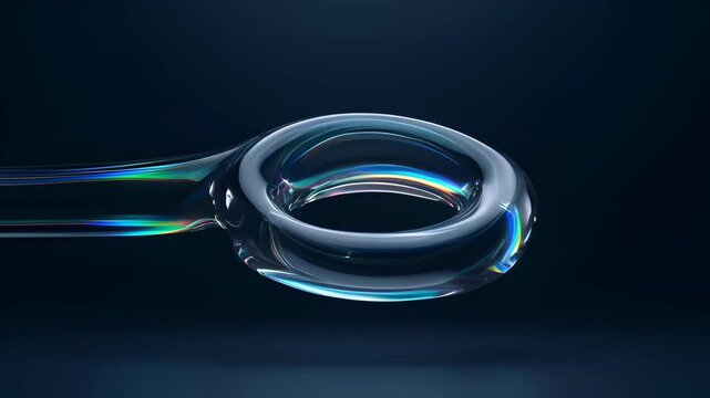 Abstract glass ring and oval dark blue background with iridescent light streaks, transparent glossy reflective glow, sleek motion blur, futuristic minimal design for modern technology and speed effect