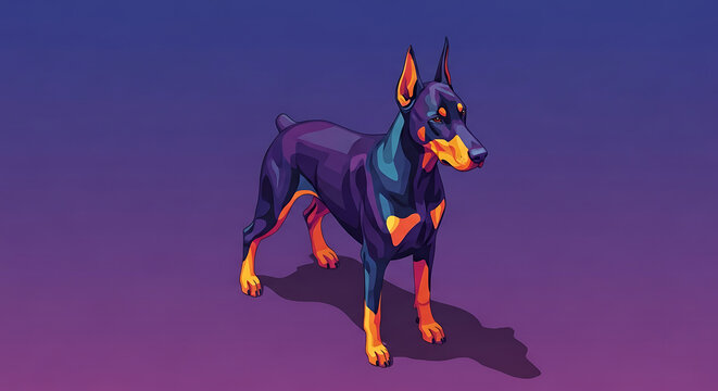Pixel art Doberman Pinscher dog standing, vibrant purple and orange gradient background, retro 8-bit video game style illustration, digital painting