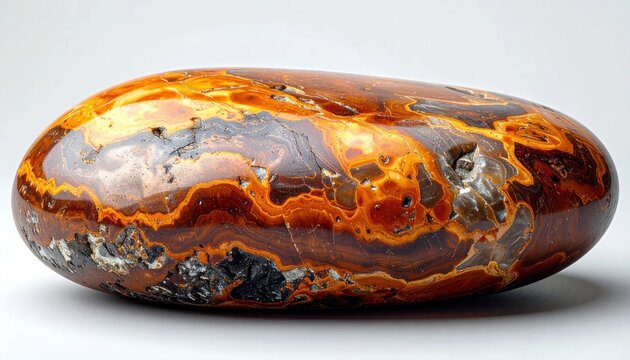 Polished Agate Stone with Fiery Orange and Brown Swirls.