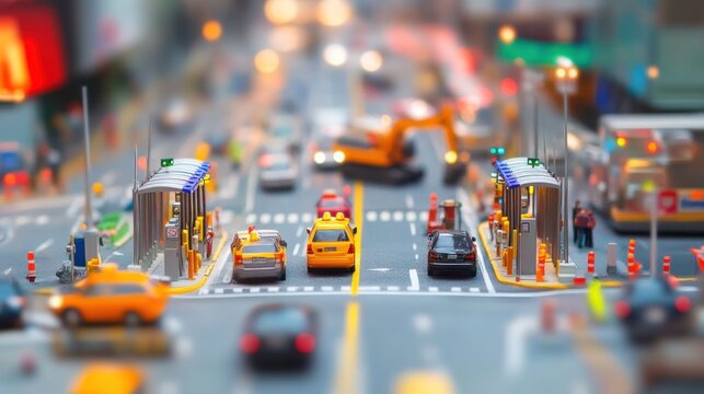 Miniature urban street scene with vehicles and buildings