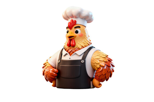 A cheerful cartoon chicken wearing a chef hat and overalls standing proudly indoors