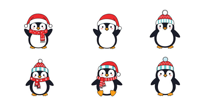 Set of six pixel art penguins wearing santa hats and scarves, isolated on a white background, representing christmas and winter holidays