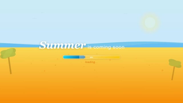 Summer holiday beach scene cartoon loading screen with sun sea sand and palm tree